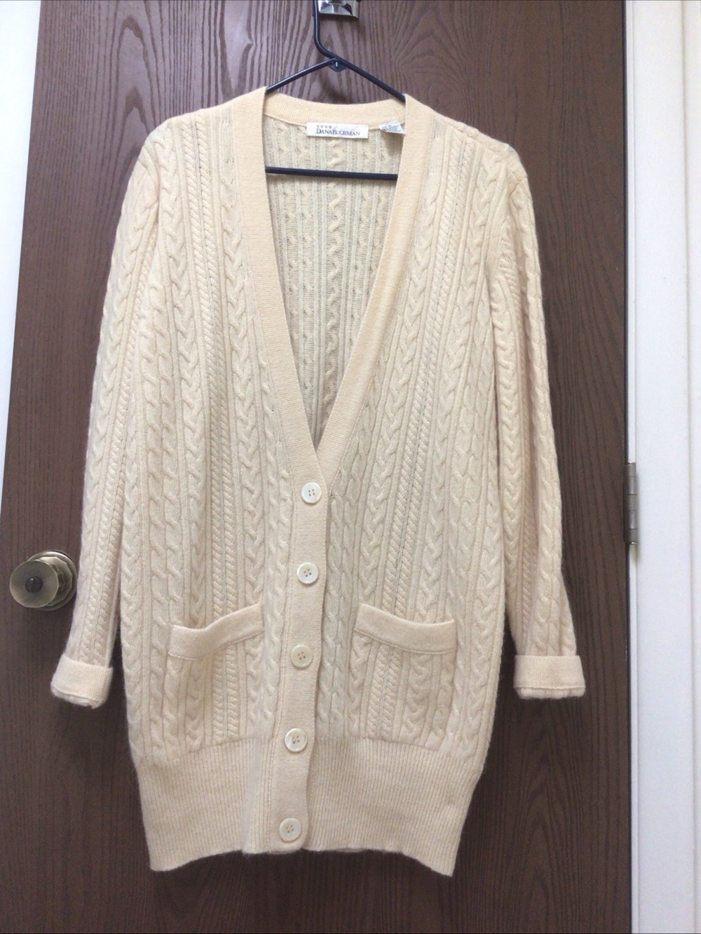 Dana Buchman ivory cardigan angora wool cable knit, pockets, relaxed, sz M